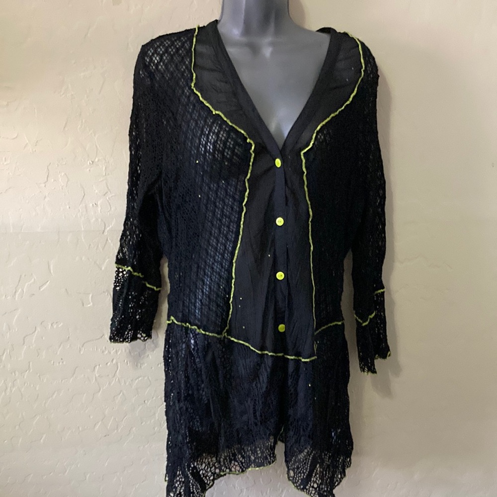Black & Lime Green fishnet Top XL 3/4 sleeves
